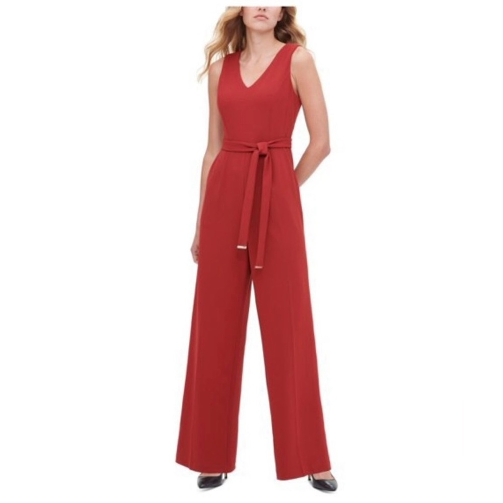 Tommy hillfiger V-neck Red Sleeveless Jumpsuit with belt